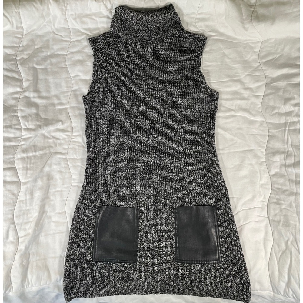 Worth New York Sleeveless Turtleneck Sweater Dress Marled Knit Leather Pockets S